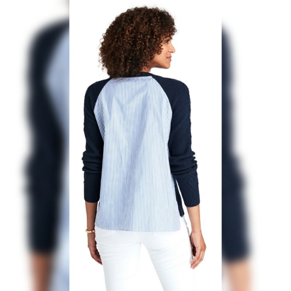 Nordstrom Navy Crewneck Mixed Media Sweater with Striped Shirting Back